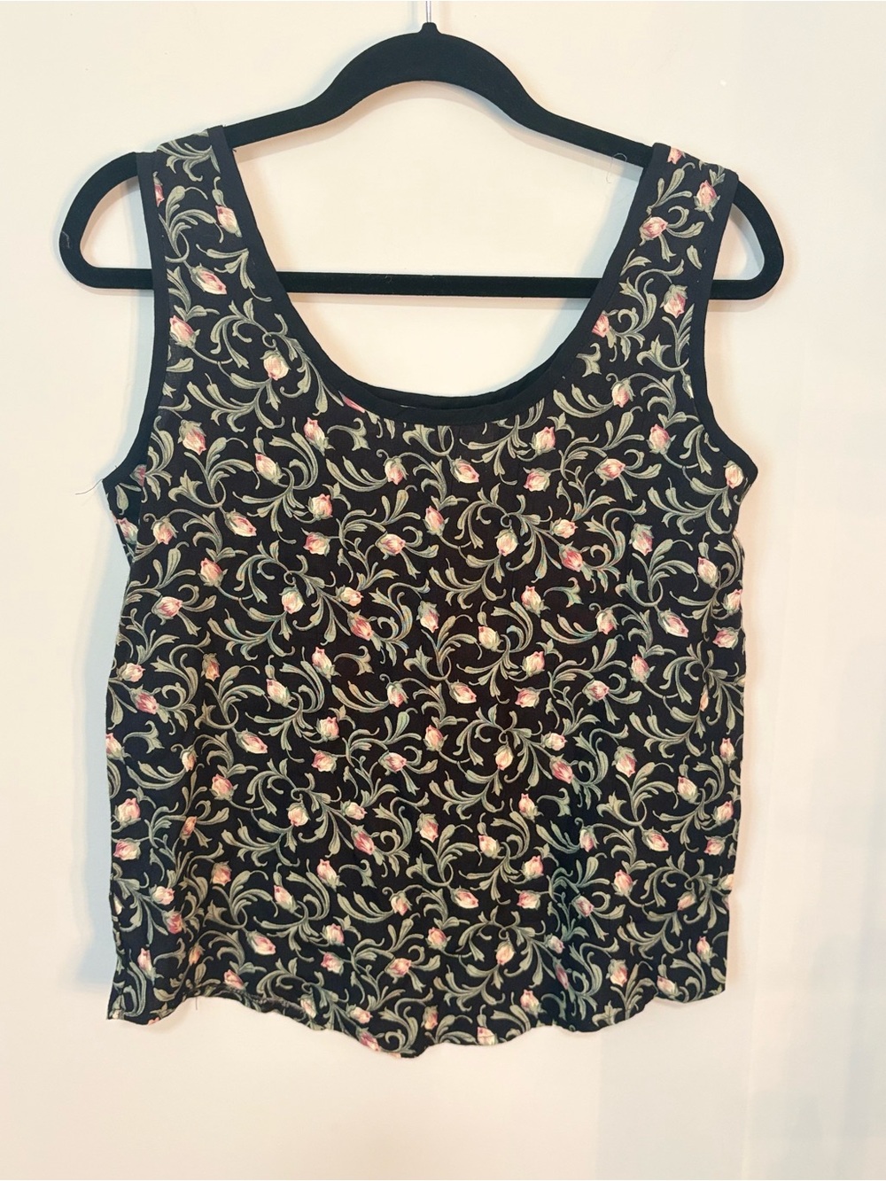 Vintage Autograph Black Tank Top with Pink Floral Scroll Print Size Small🖤